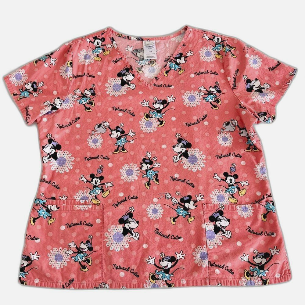 Disney Minnie Mouse Scrub Top Women's L Natural Cutie Polka Dot Floral Coral
